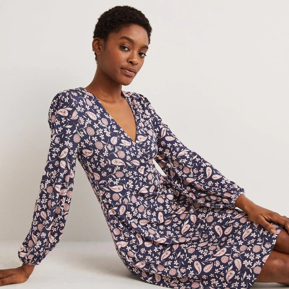 Boden Easy Fixed Wrap Jersey Dress in French Navy, Flower Garden 8P